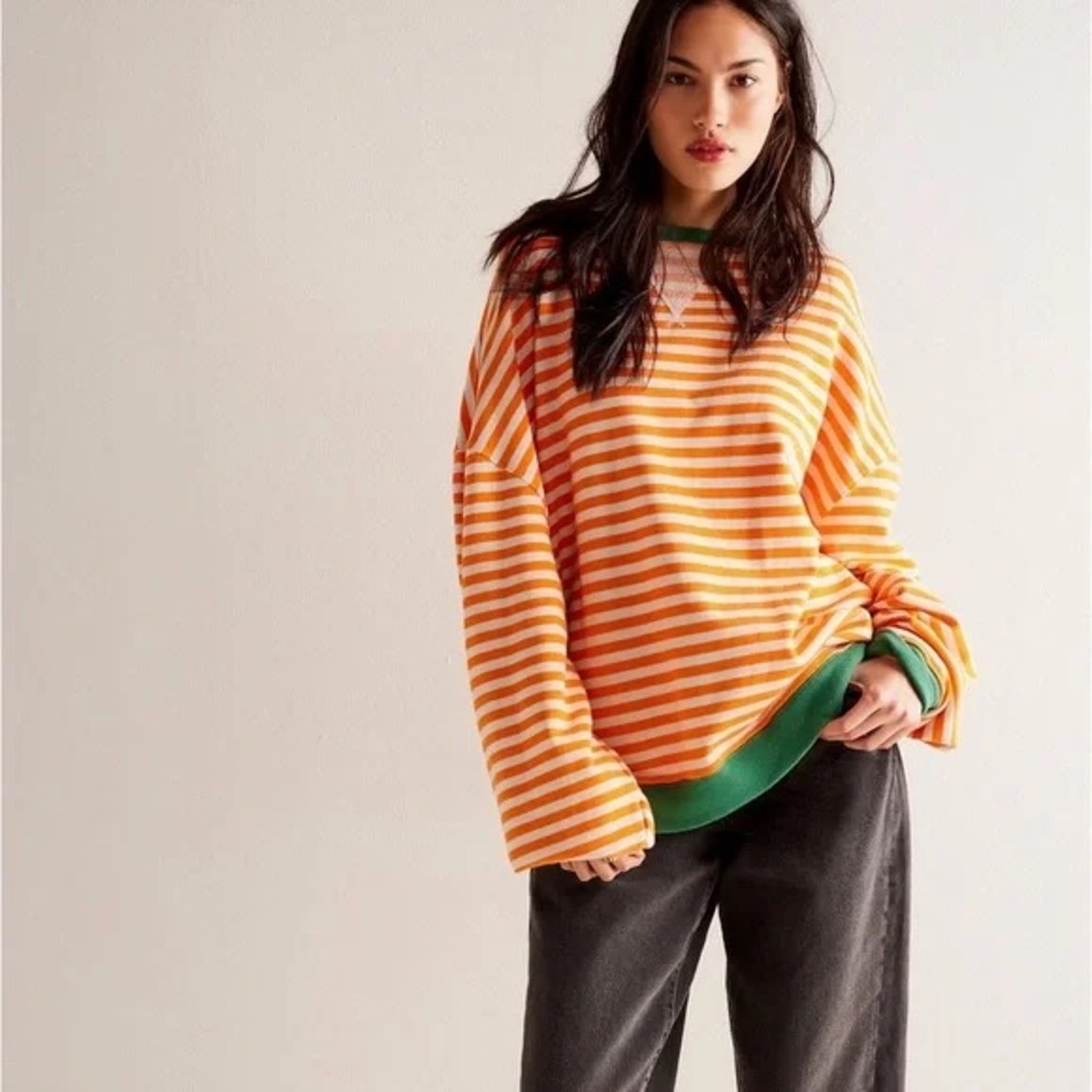 RARE!! Free People Classic Striped Oversized Crewneck💚🧡 - Picture 4 of 5
